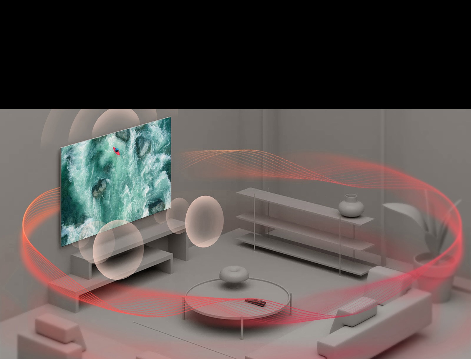 Se abre un video que muestra una toma aérea del control remoto. Aparece un círculo azul sobre el sensor. La escena se aleja para mostrar el control remoto sobre una mesa de café en una habitación gris. La televisión emite ondas sonoras azules, y una imagen llena la pantalla mostrando a una persona navegando en kayak sobre olas picadas. Las ondas sonoras azules llegan hasta el control remoto, y las ondas que representan el sonido rebotan en la pared, y después un velo de sonido cubre la habitación. 