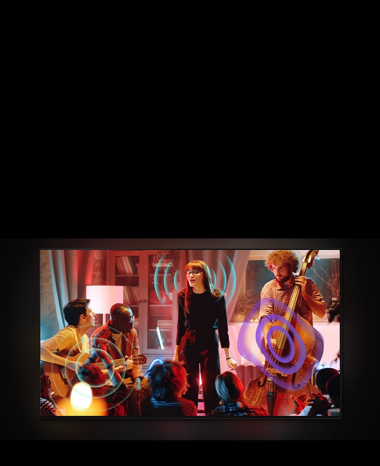 Un video de una persona tocando el violín con una burbuja amarilla y una onda que representa el sonido. La escena cambia a un cantante y su banda tocando en un concierto íntimo en una sala lounge. Las ondas sonoras de color azul rodean al cantante, las de color turquesa salen de la guitarra y las de color púrpura, del violonchelo. 