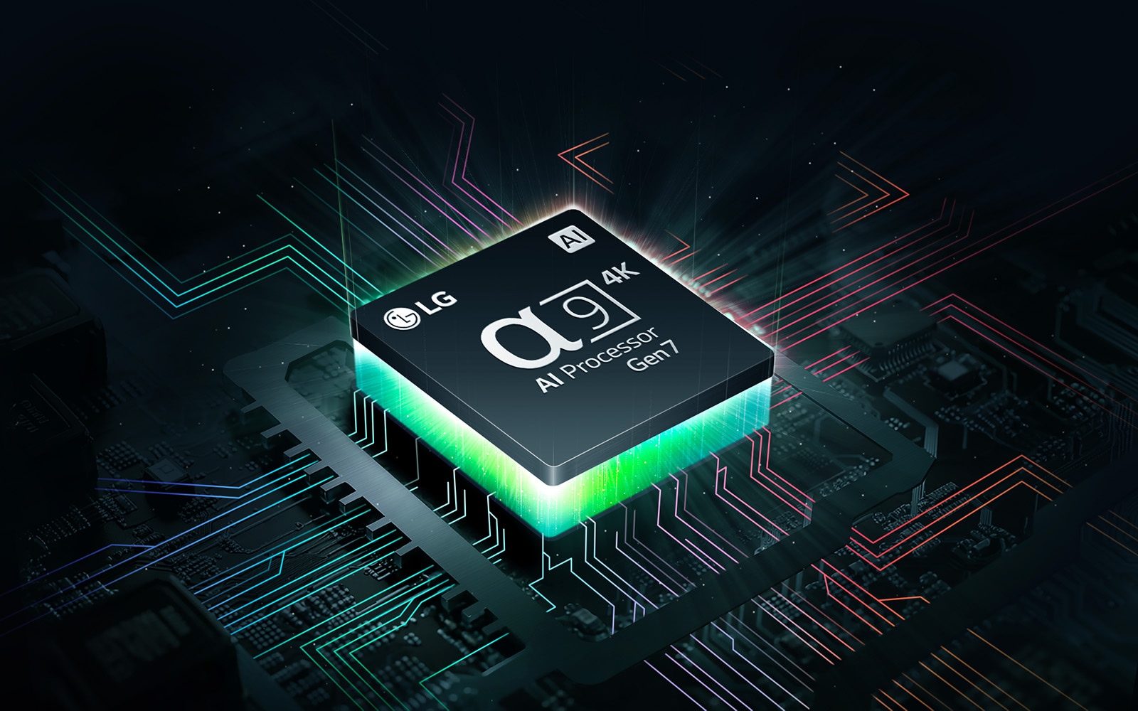 El procesador de inteligencia artificial alpha 8 de LG apenas visible en medio de la oscuridad. El procesador de inteligencia artificial se ilumina en verde y de él salen rayos de luz de colores. Aparecen más tornillos a lo largo de la placa base, se extienden más aparecen puntos blancos como estrella, creando la impresión de una escena intergaláctica