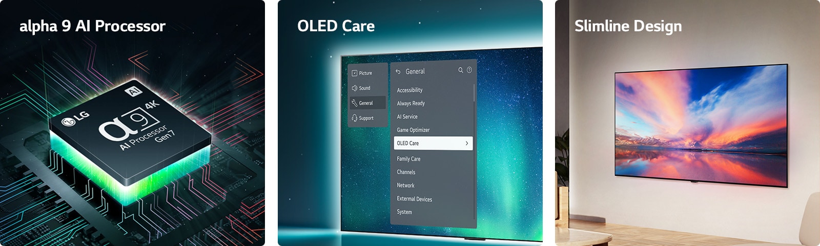 El procesadorde inteligencia artificial Alpha 8 de LG está encima de una placa base, emitiendo rayos de luz naranja