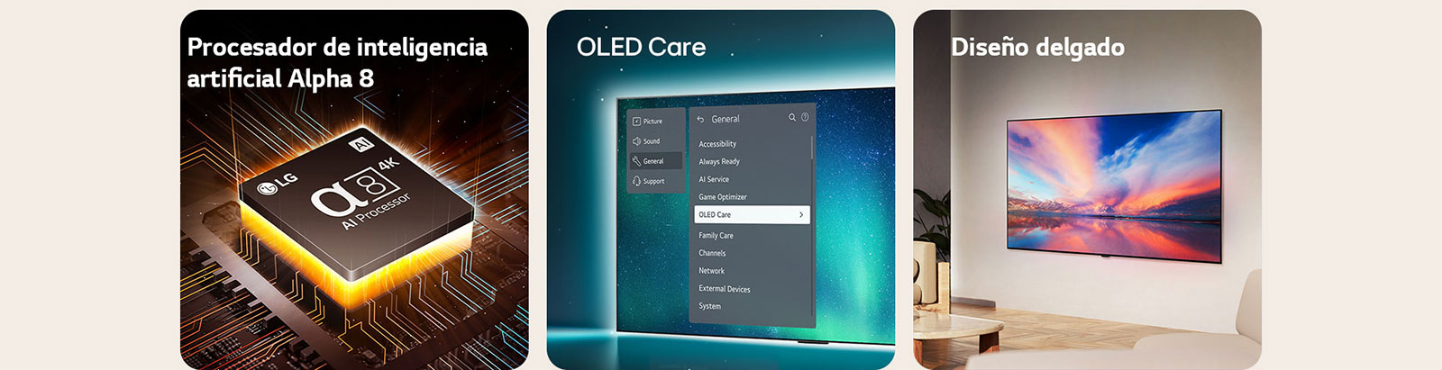 El procesadorde inteligencia artificial Alpha 8 de LG está encima de una placa base, emitiendo rayos de luz naranja