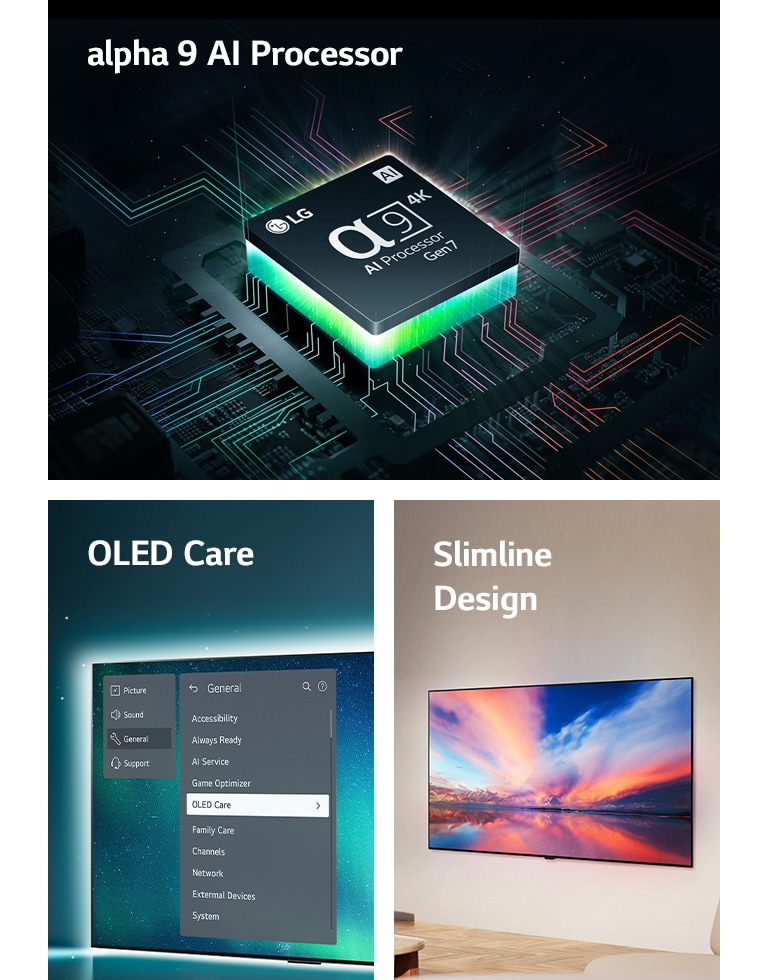 El procesadorde inteligencia artificial Alpha 8 de LG está encima de una placa base, emitiendo rayos de luz naranja