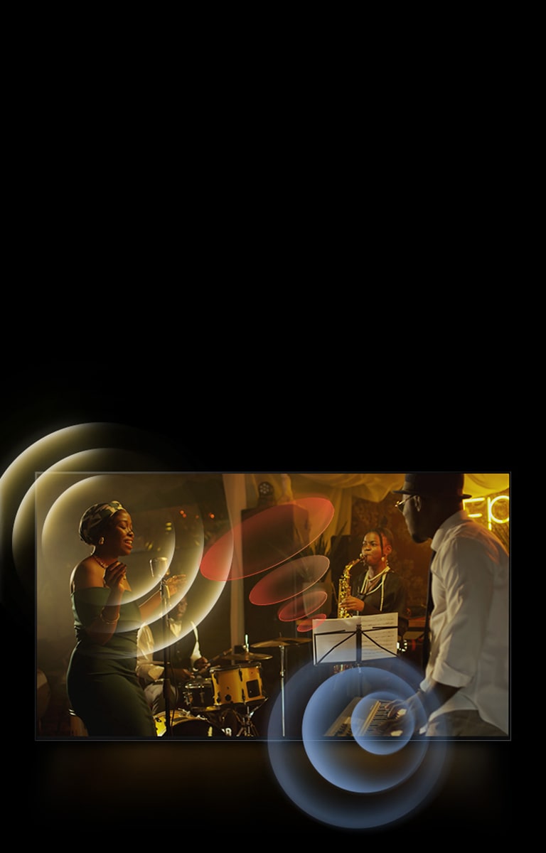 El televisor LG OLED  muestra a músicos tocando, con gráficos de círculos brillantes alrededor de los micrófonos y los instrumentos.