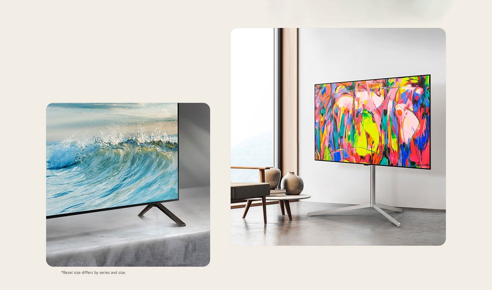 En la esquina inferior del televisor LG OLED, el OLED B4 se encuentra sobre una superficie de mármol. Una ola azul pálida aparece en la pantalla. El televisor LG OLED B4  está sobre un stand en un espacio minimalista.