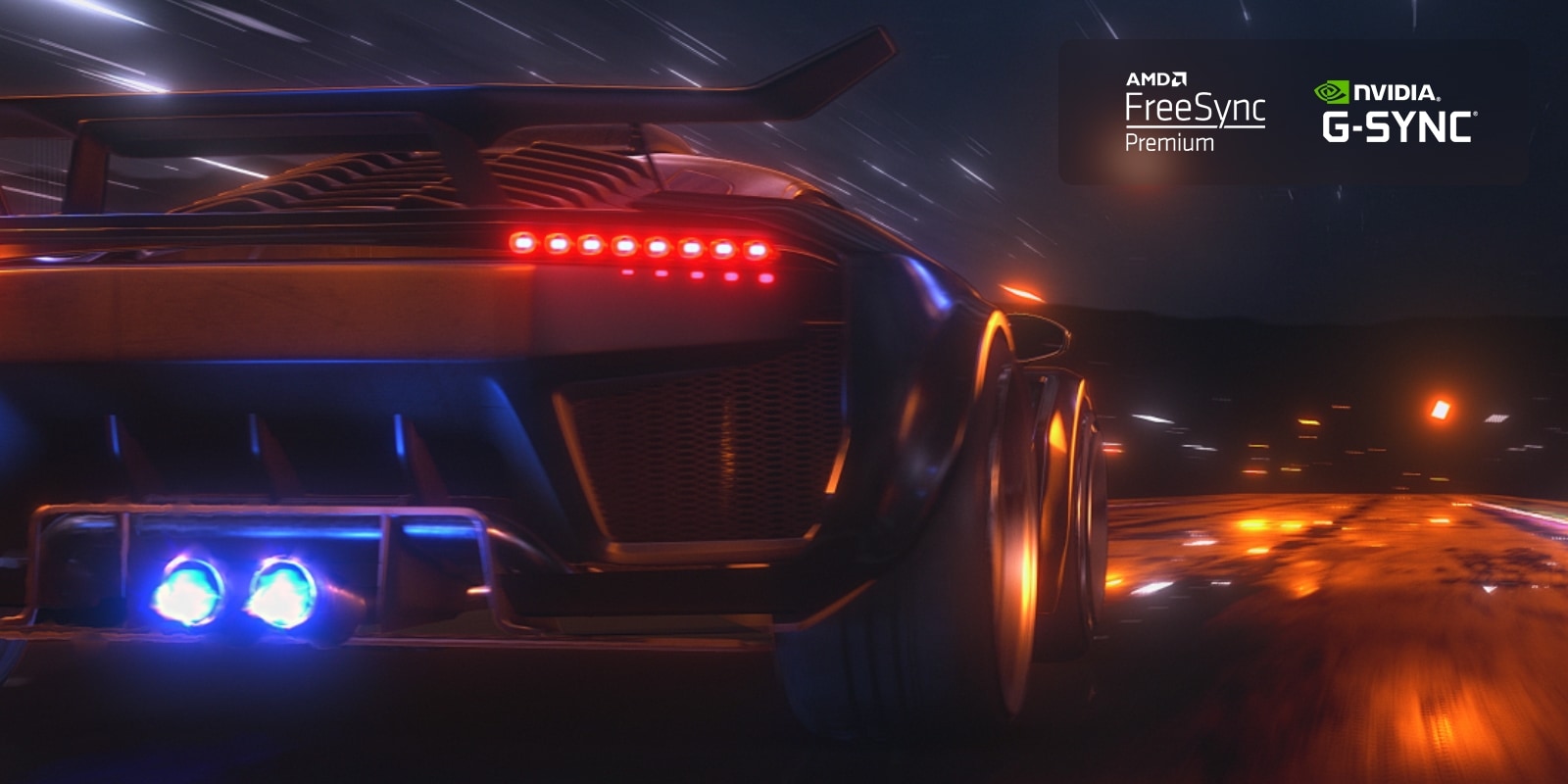 Se abre un vídeo con una escena borrosa de un coche conduciendo rápido en un juego de carreras. La escena se refina, lo que da como resultado una acción fluida y clara. Logotipo de FreeSync Premium Pro y logotipo de NVIDIA G-SYNC en la esquina superior derecha.