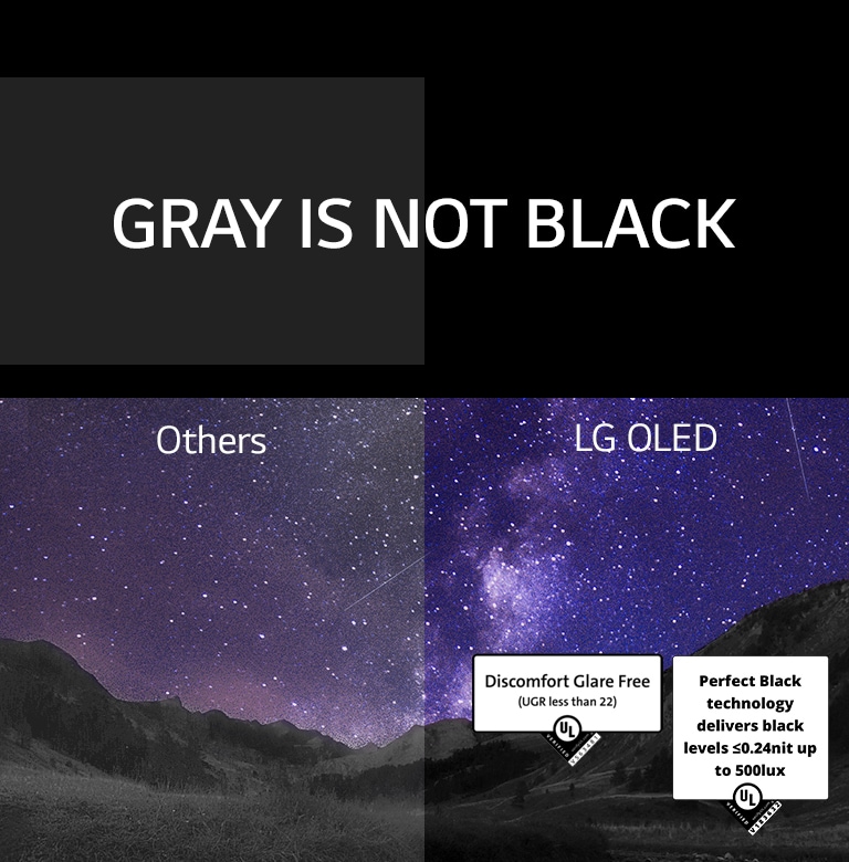 La Vía Láctea llena el cielo nocturno sobre una escena de un cañón. Sobre la imagen, "el gris no es negro" está escrito en mayúsculas blancas sobre un fondo negro. La pantalla está dividida en dos lados y tiene la leyenda "Otros" y "LG OLED". El otro lado es notablemente más oscuro y tiene menos contraste, mientras que el lado LG OLED es brillante y tiene un alto contraste. El lado LG OLED también cuenta con las certificaciones de tecnología Discomfort Glare Free y Perfect Black.