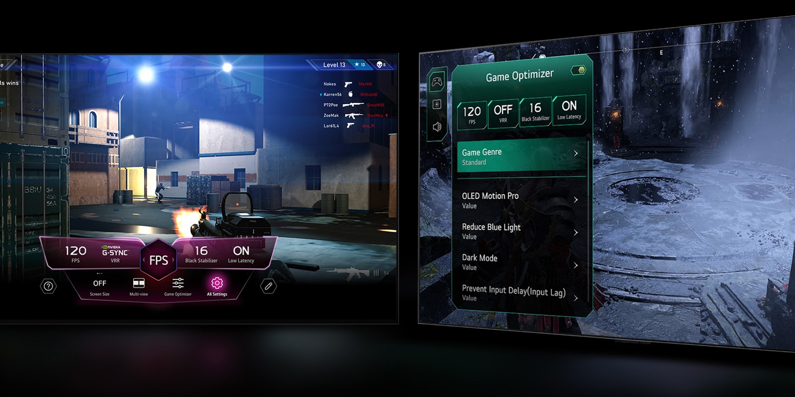 Dos televisores LG muestran el juego. El monitor izquierdo muestra el Game Dashboard y el monitor derecho muestra el Game Optimizer, ambos aparecen sobre el  juego.