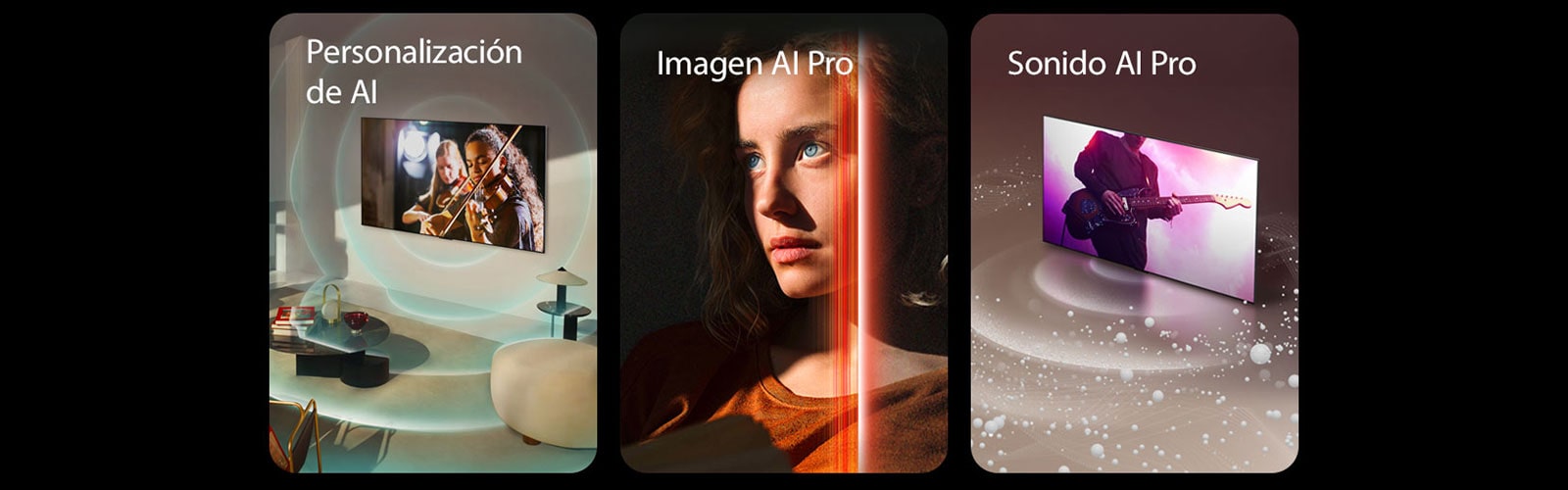 Una imagen de un LG OLED en un espacio moderno que muestra una actuación musical en la pantalla. Ondas circulares azules que representan personalización rodean el televisor y el espacio. Una imagen de una mujer con ojos azules y un top naranja en un espacio oscuro. Las líneas rojas que representan los refinamientos de la AI cubren parte de su rostro, que es brillante y detallado, mientras que el resto de la imagen parece aburrido. Una imagen de un televisor LG OLED mientras burbujas y ondas sonoras se emiten desde la pantalla y llenan el espacio.