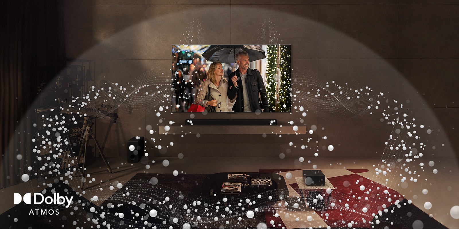Un LG OLED evo M4 en la pared de una sala de estar y círculos abstractos que salen desde el televisor y rellenan la sala.