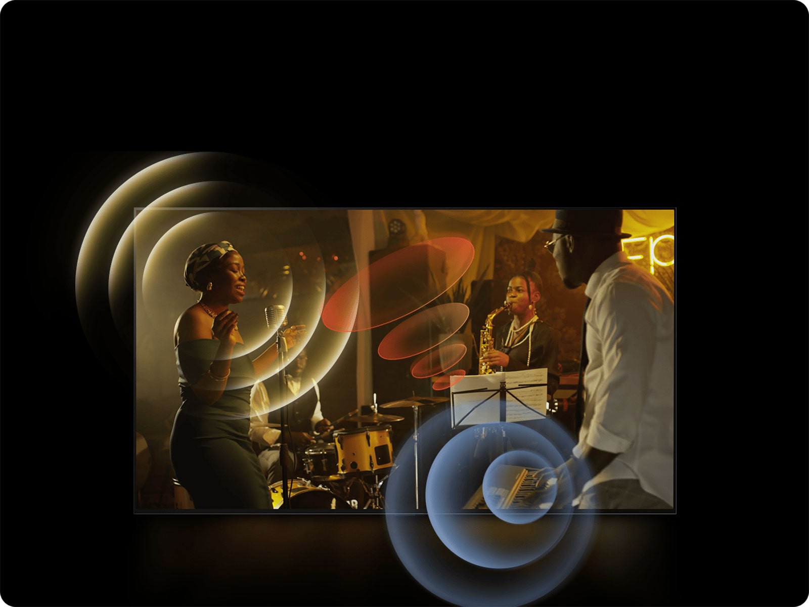 Un LG OLED evo M4 mostrando músicos tocando, con gráficas de círculos brillante alrededor de los micrófonos e instrumentos.