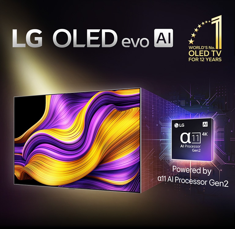 En la pantalla de un televisor LG OLED evo AI hay una imagen abstracta con detalles, colores y contrastes impresionantes. Detrás del televisor hay una versión ampliada del procesador Alpha 11 4K AI de segunda generación. Brilla con luz que ilumina los circuitos de microchip que lo rodean. El título dice LG OLED evo AI. También se ve el texto "Powered by LG Alpha AI Processor". En la esquina hay un logotipo dorado con estrellas que dice "World's number one OLED TV for 12 years" (El televisor OLED número uno del mundo durante 12 años).