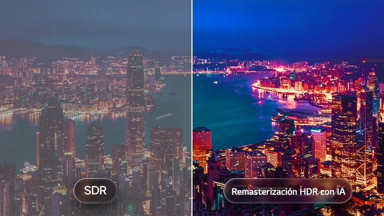 El LG OLED evo AI C6 con AI HDR Remastering se muestra en una comparación de paisaje urbano dividido: SDR a la izquierda y AI HDR Remastering a la derecha, con luces de la ciudad más brillantes, mayor contraste y detalles más vívidos en toda la escena.
