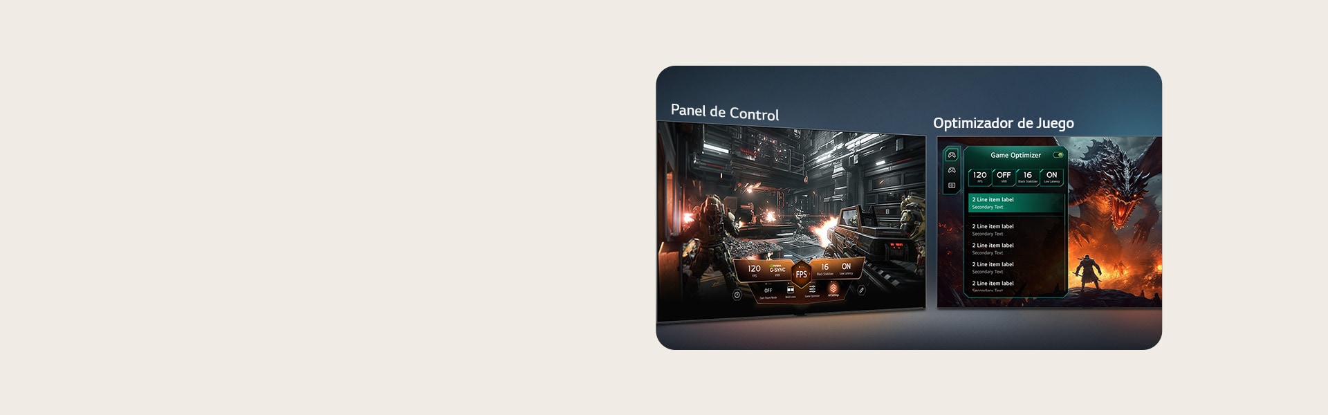 La LG OLED AI B6 con el Panel de control de juegos y el Optimizador muestra pantallas de juego en paralelo y un menú en pantalla para ajustar la configuración del juego, como la frecuencia de actualización, la latencia y los modos visuales en tiempo real.
