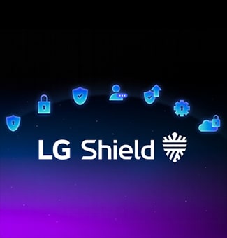 El emblema de LG Shield se muestra sobre un fondo oscuro con íconos de seguridad, destacando la protección del webOS para privacidad, seguridad de datos e integridad del sistema.