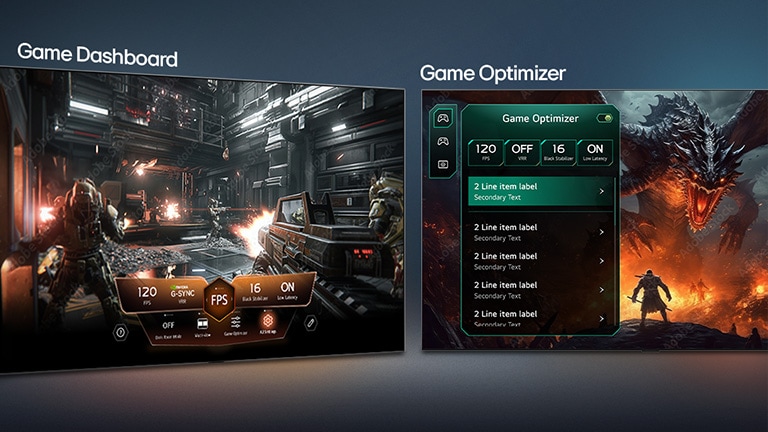 El LG OLED evo AI C6 con Game Dashboard y Optimizer muestra pantallas de juego en paralelo y un menú en pantalla para ajustar configuraciones de juego como tasa de refresco, latencia y modos visuales en tiempo real.