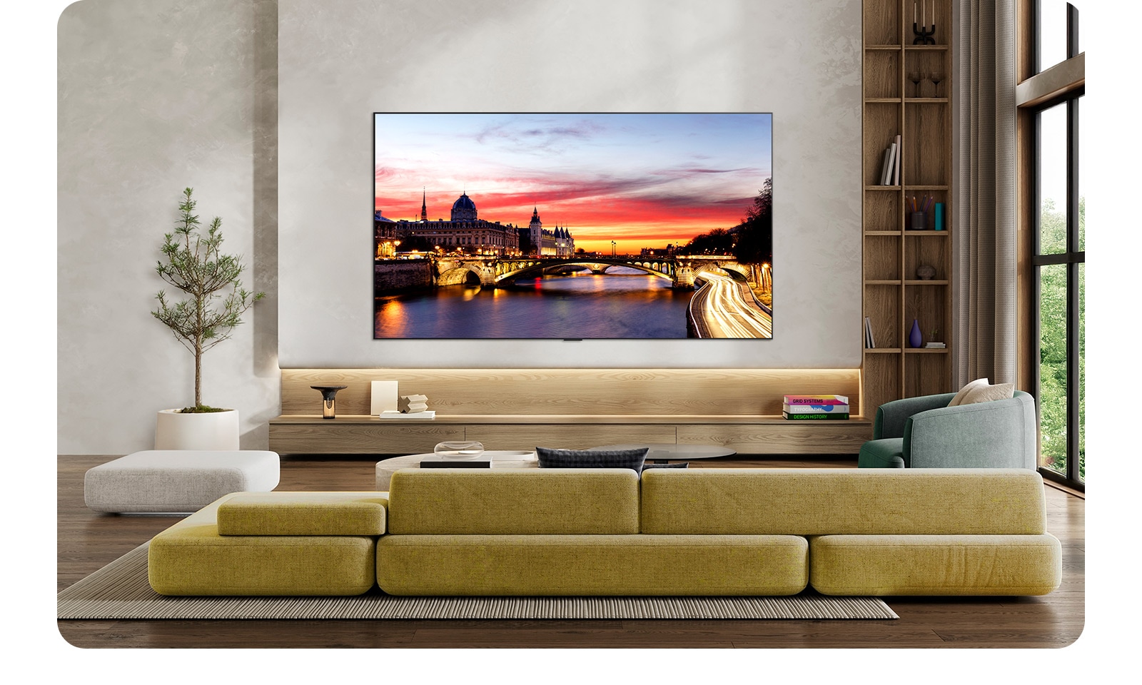 El LG OLED evo AI C6 está montado en la pared en un espacio de sala decorado, con un diseño ultra delgado y biseles angostos, y muestra en pantalla un paisaje urbano junto al río al atardecer.