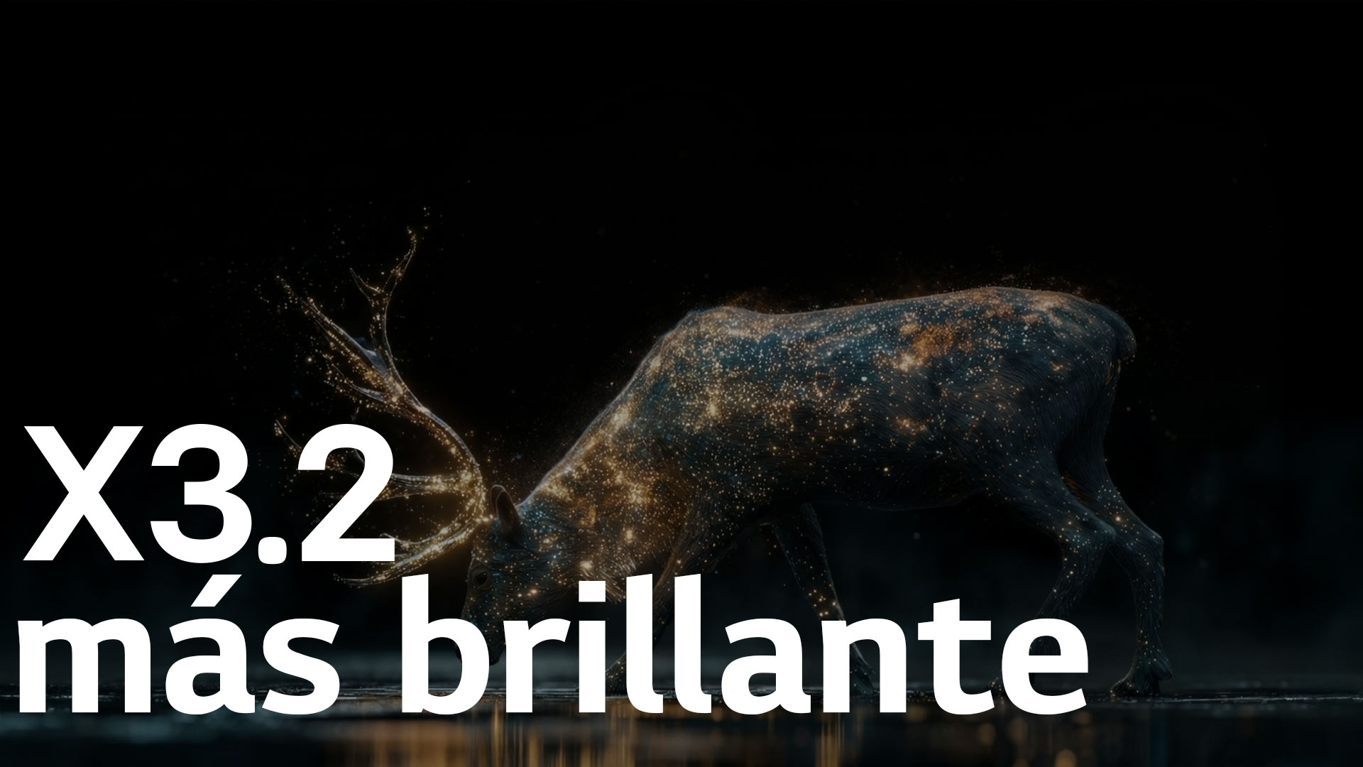 El LG OLED evo AI C6 con Brightness Booster Pro muestra una escena oscura con partículas luminosas alrededor de la silueta de un venado, ofreciendo hasta 3,2 veces más brillo máximo, mayor luminancia y detalles más nítidos.