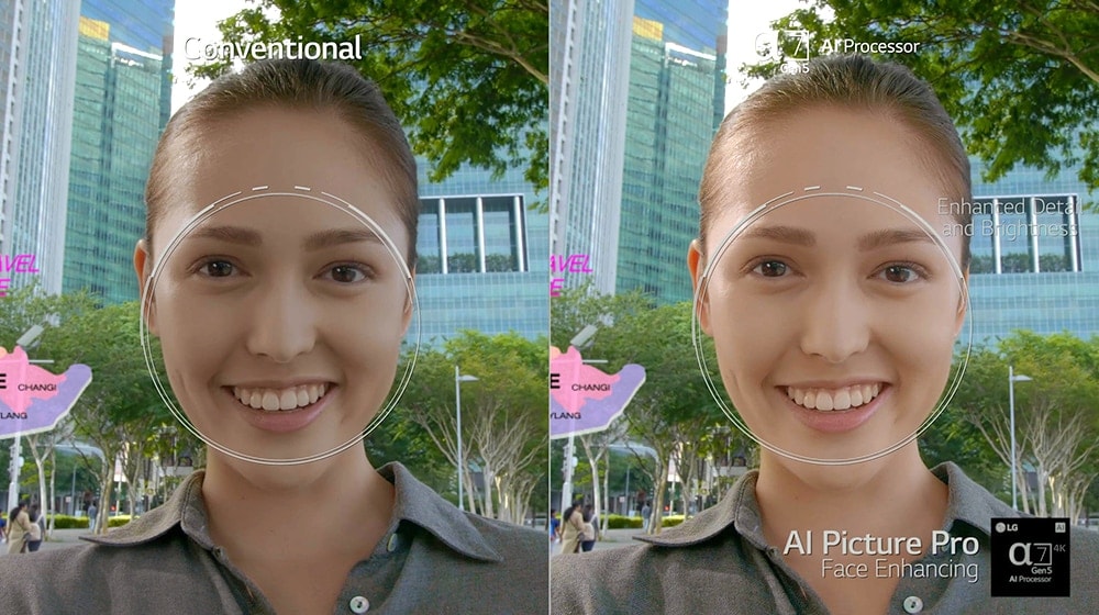 Hay un primer plano del rostro de una mujer a la izquierda y a la derecha. A la izquierda parece una imagen más oscura y menos clara y a la derecha parece una imagen más clara y brillante del rostro de una mujer.