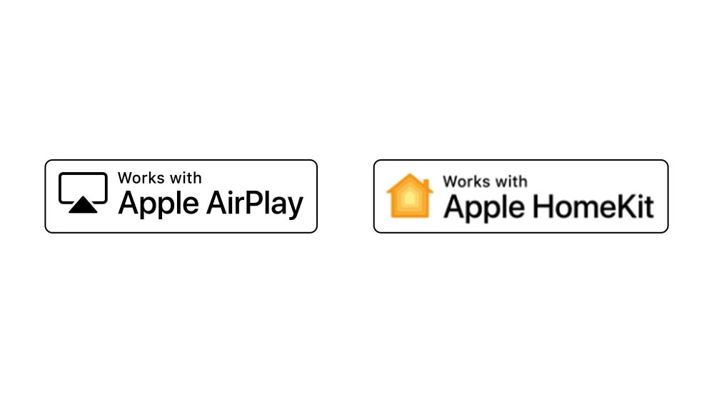Hay cuatro logotipos desplazados en orden: Hola Google, Alexa incorporado, funciona con Apple AirPlay, funciona con Apple HomeKit. 