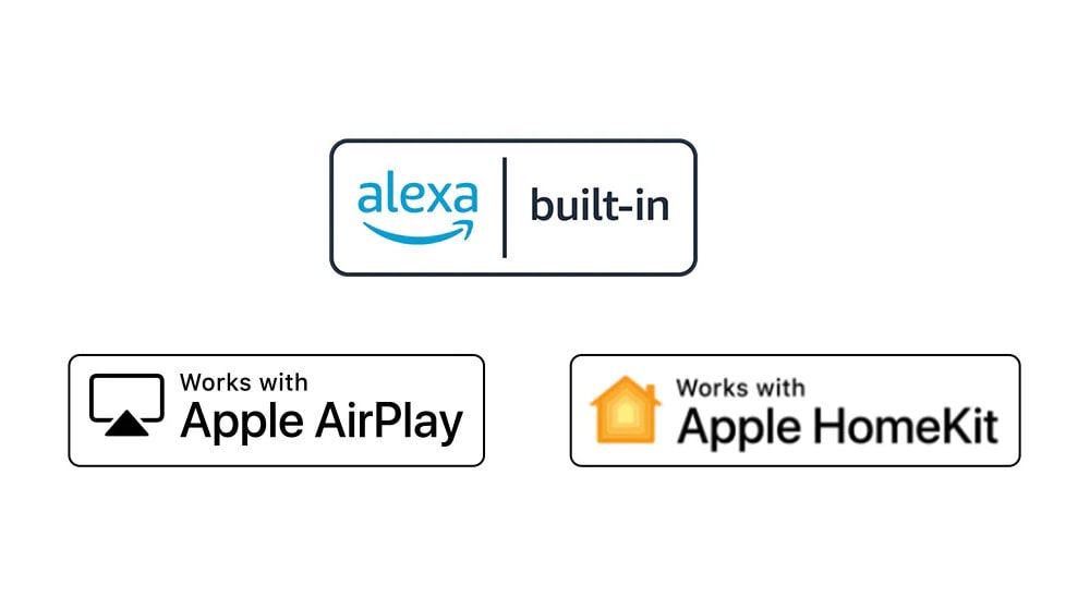 Hay cuatro logotipos desplazados en orden: Hola Google, Alexa incorporado, funciona con Apple AirPlay, funciona con Apple HomeKit.