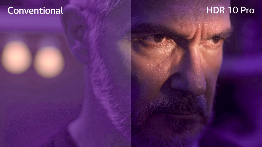 Un hombre está mirando afuera, parece enojado. La imagen se divide en dos partes. En la mitad izquierda de la imagen, el color parece opaco y menos vibrante, mientras que en la mitad derecha de la imagen se ve más vibrante con más colores. En la esquina superior izquierda dice "convencional", en la esquina superior derecha dice "HDR 10 PRO". 