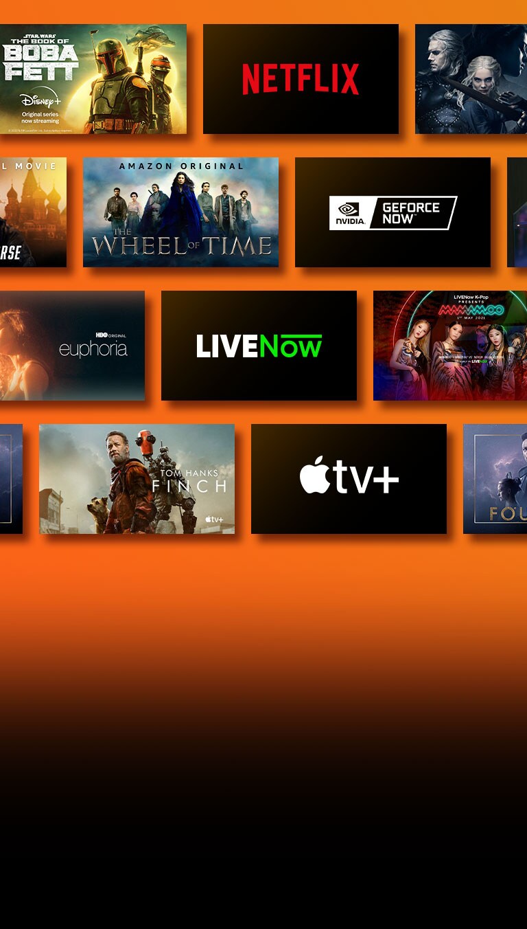 Hay logotipos de plataformas de servicios de transmisión y metrajes coincidentes justo al lado de cada logotipo. Logotipo de Netflix y robo de dinero y The Witcher. Logotipo de Prime Video y Sin remordimientos y La rueda del tiempo. Logotipo de Livenow e imagen teaser de mamamoo e imagen teaser de OneUs. Logotipo de Apple TV plus y Foundation and Finch.