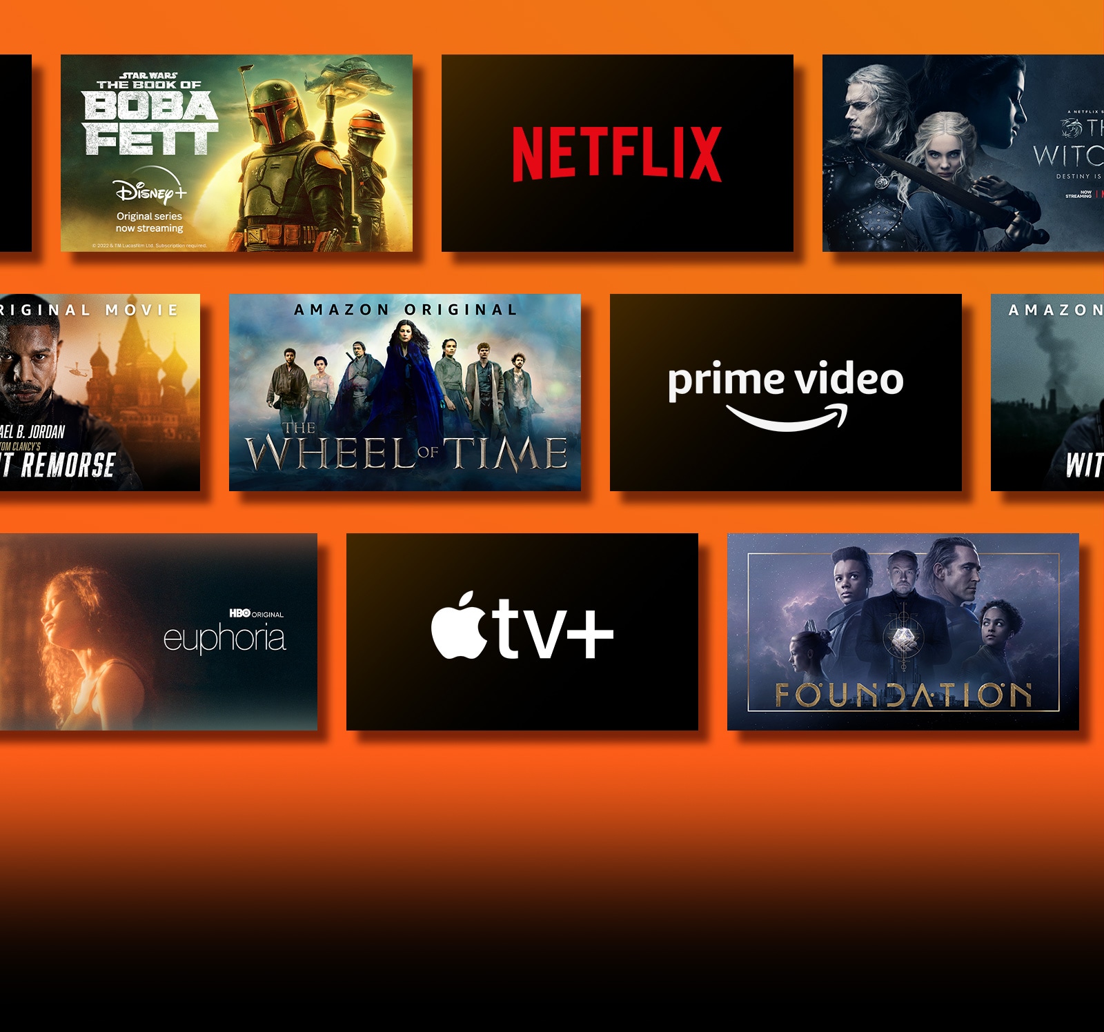 There are streaming service platform logos and matching footage right next to each logo. Netflix logo and money heist and The Witcher. Disney logo and Boba Fett. Prime Video logo and Without Remorse and The Wheel of Time. Livenow logo and promotional image of mamamoo and OneUs. HBO Max and The Wire and Euphoria logo. Apple TV plus and Foundation and Finch logo.