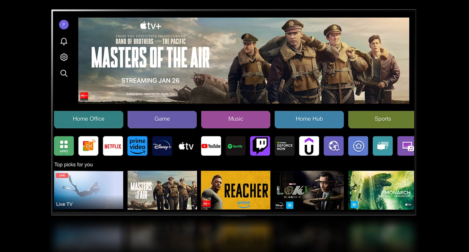 An image shows the WebOS 24 home screen with Home Office, Game, Music, Home Hub, and Sports Categories. The bottom of the screen shows personalized recommendations under "Top picks for you."