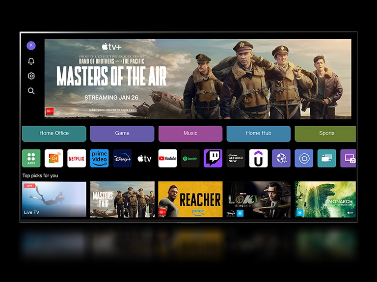 An image shows the WebOS 24 home screen with Home Office, Game, Music, Home Hub, and Sports Categories. The bottom of the screen shows personalized recommendations under "Top picks for you."