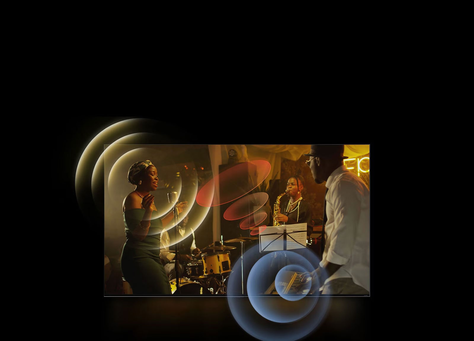 Uma imagem de uma TV da LG mostrando músicos se apresentando, com gráficos de círculos brilhantes ao redor do espaço.