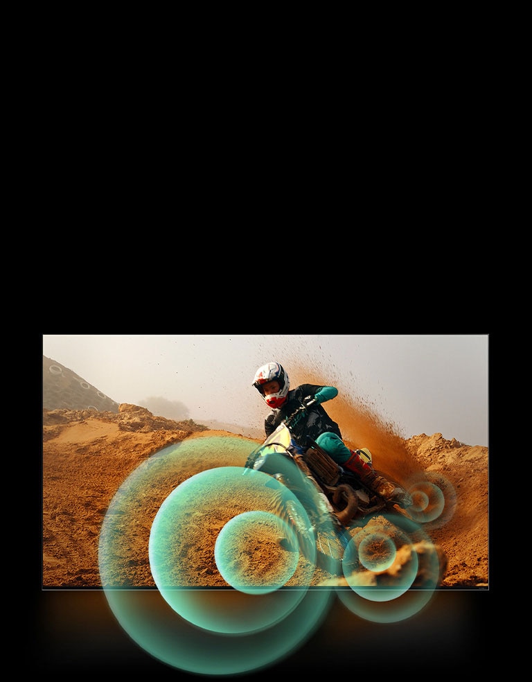 Uma imagem de um homem pilotando uma motocicleta em uma pista de terra com gráficos circulares brilhantes ao redor da motocicleta.