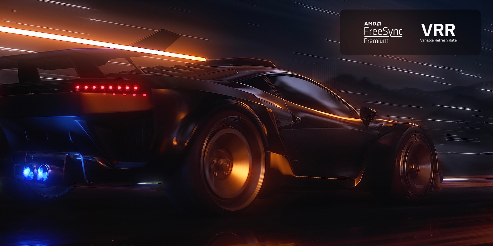 There is a big TV on the wall and you can see the racing game screen in the screen. In front of the TV, you can see the hands and controllers of the person who focuses on the game.