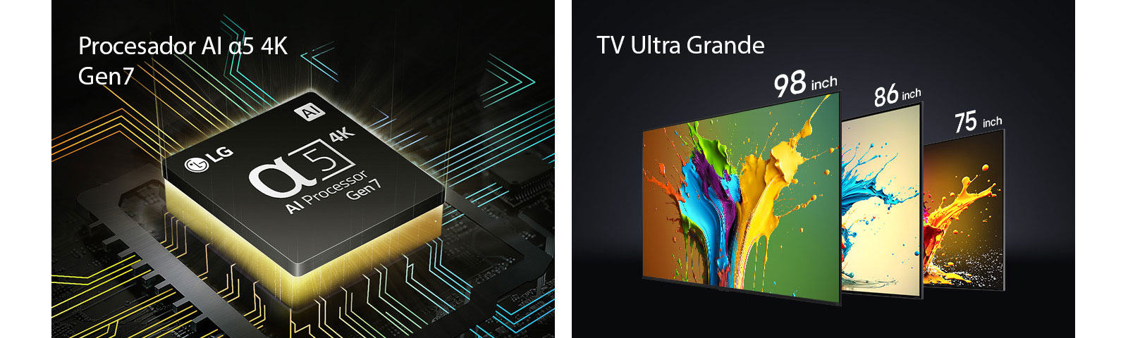 Duas imagens quadradas são exibidas em uma fileira horizontal. Na primeira imagem à esquerda, o chip do Processador alpha 5 AI 4K Gen 7 é mostrado com uma luz amarela emanando de baixo. Na segunda imagem à direita, as TVs LG QNED89, QNED90 e QNED99 são mostradas em ordem da esquerda para a direita. Cada TV mostra respingos de cores e as palavras "TV Ultra Grande" são exibidas acima das TVs.