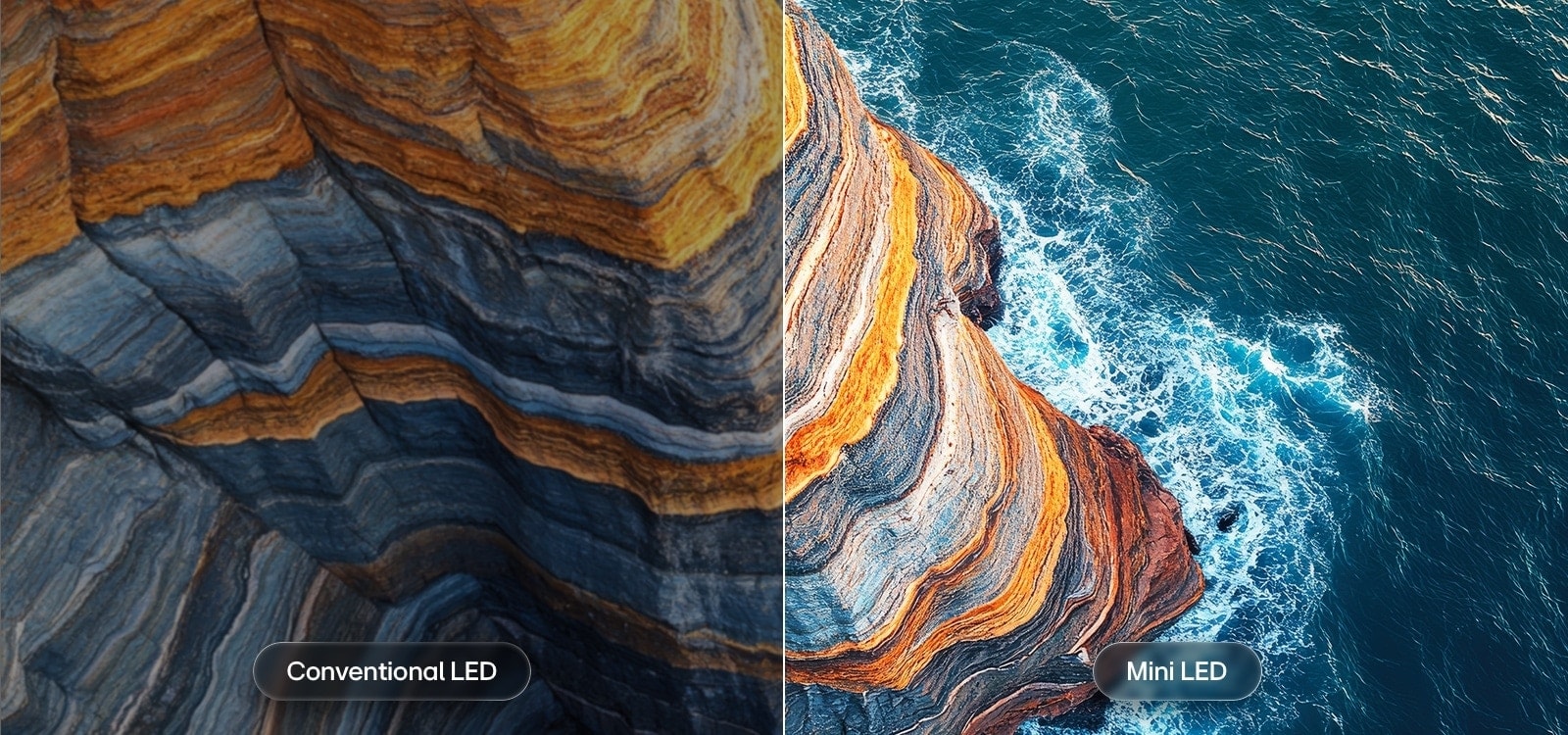 El LG QNED AI QNED70 Mini LED destaca cómo su Mini LED revela texturas de roca más nítidas y detalles oceánicos más claros que el LED convencional en una escena de acantilado costero dividido, lo que proporciona negros más profundos y un contraste más refinado para una mayor claridad y profundidad.