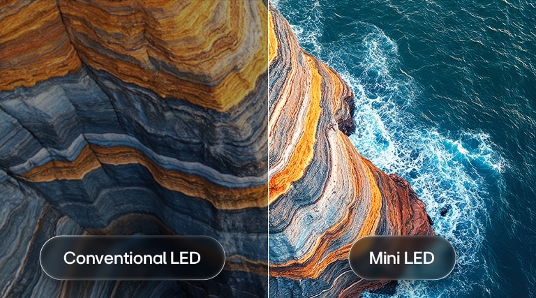 El LG QNED AI QNED70 Mini LED destaca cómo su Mini LED revela texturas de roca más nítidas y detalles oceánicos más claros que el LED convencional en una escena de acantilado costero dividido, lo que proporciona negros más profundos y un contraste más refinado para una mayor claridad y profundidad.