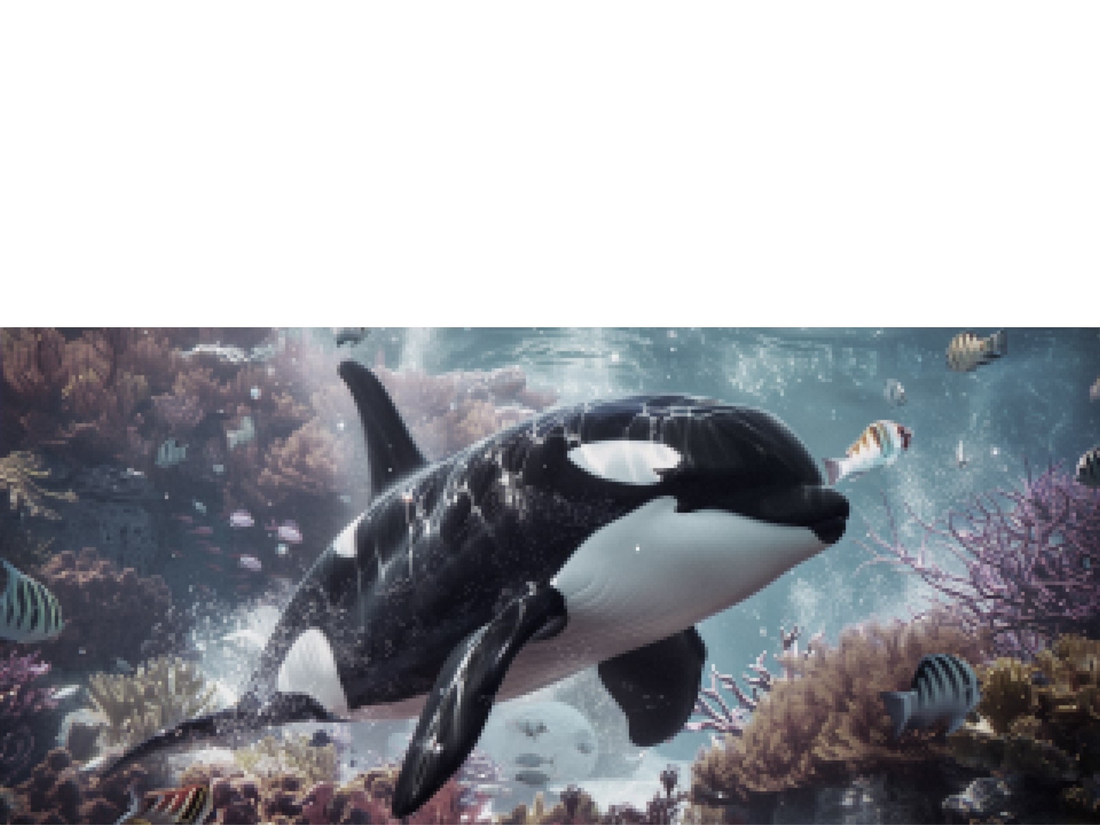 LG QNED AI Mini LED QNED70 con Super Upscaling 4K muestra una orca nadando sobre un arrecife de coral y peces, ya que la IA mejora cada cuadro hacia la calidad 4K, luego se aleja para revelar a un niño mirando de cerca, sumergido en los detalles vívidos.