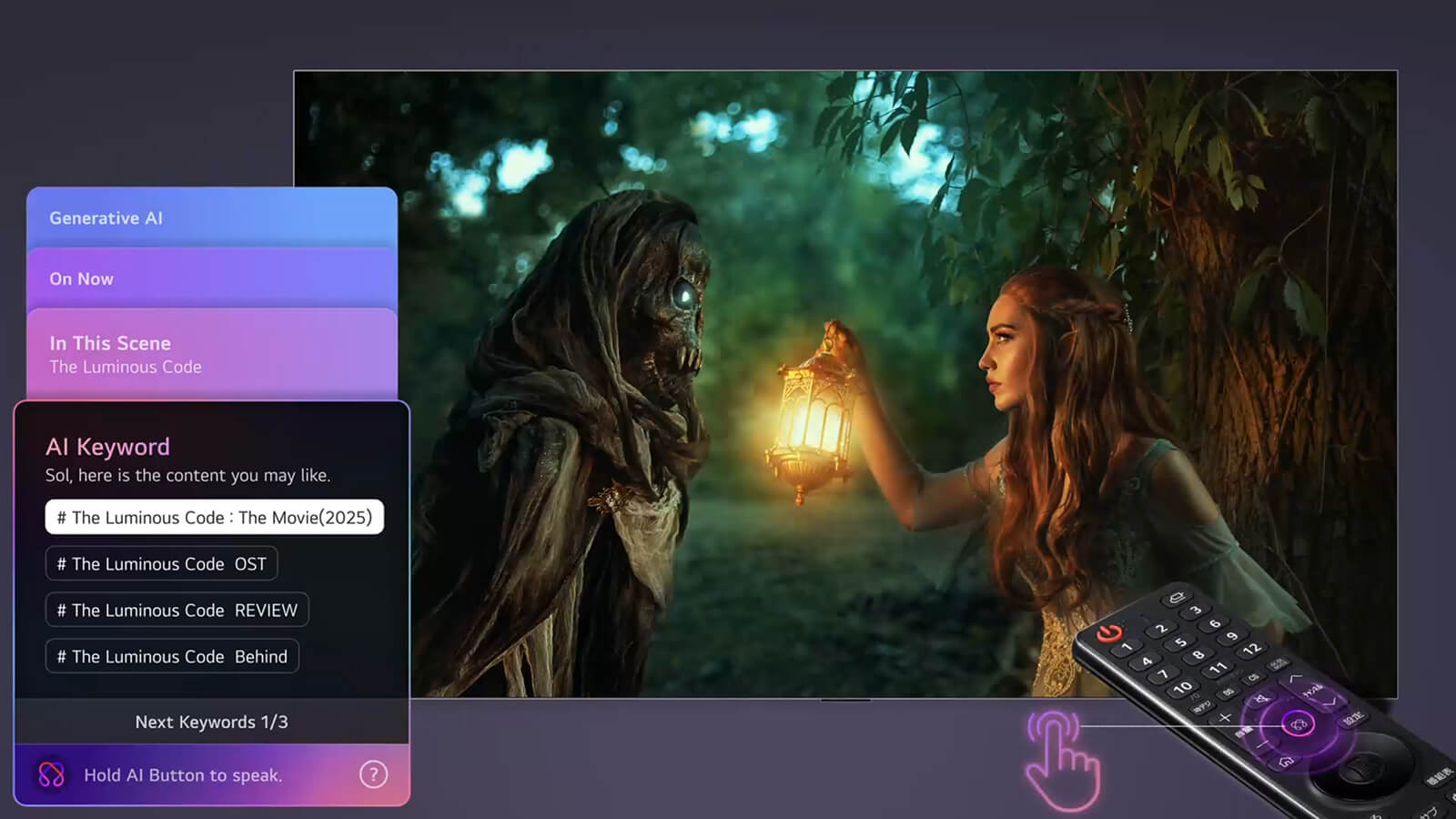La LG QNED AI QNED70 Mini LED con AI Concierge muestra un menú superpuesto basado en IA en la parte izquierda de la pantalla de cine, en el que se muestran sugerencias de contenido basadas en las escenas y palabras clave de IA, como bandas sonoras y reseñas, a las que se accede con solo presionar brevemente el control remoto.