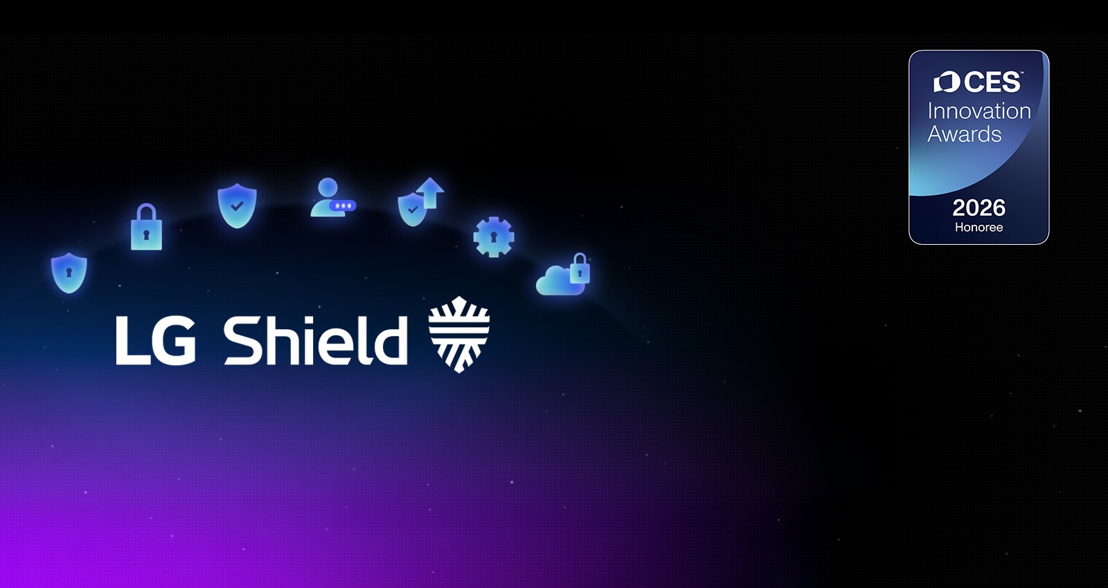 El emblema LG Shield aparece sobre un fondo oscuro con íconos de seguridad, destacando la protección de webOS para la privacidad, la seguridad de los datos y la integridad del sistema. También se muestra una insignia de reconocimiento del CES Innovation Awards 2026.