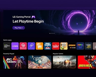 El LG QNED AI QNED70 Mini LED cuenta con el portal de juegos LG con un diseño de centro de juegos, que combina contenido destacado y mosaicos de juegos en una interfaz unificada que se expande para proporcionar acceso a las aplicaciones de juegos de GeForce NOW y webOS.