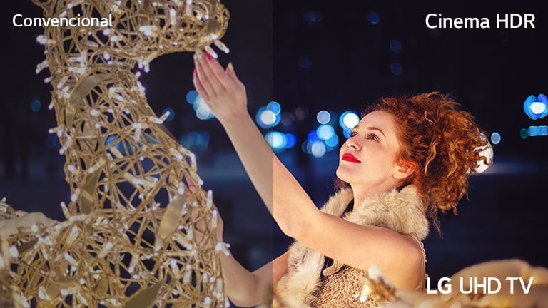 La escena de una mujer tocando una exposición cubierta de pequeñas bombillas se divide por la mitad para comparación visual. En la imagen hay textos de Convencional, en la parte superior izquierda, Cinema HDR en la parte superior derecha y el televisor LG UHD en la parte inferior derecha.
