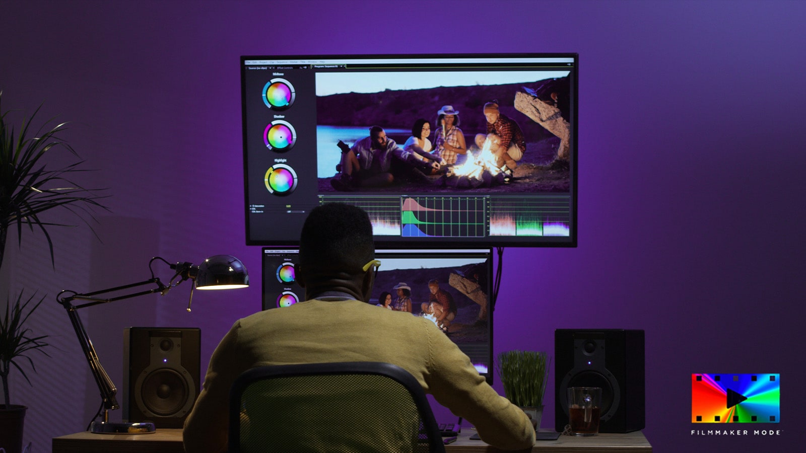Imagen de un hombre usando dos monitores para editar los colores de una imagen de un grupo de amigos haciendo una fogata.