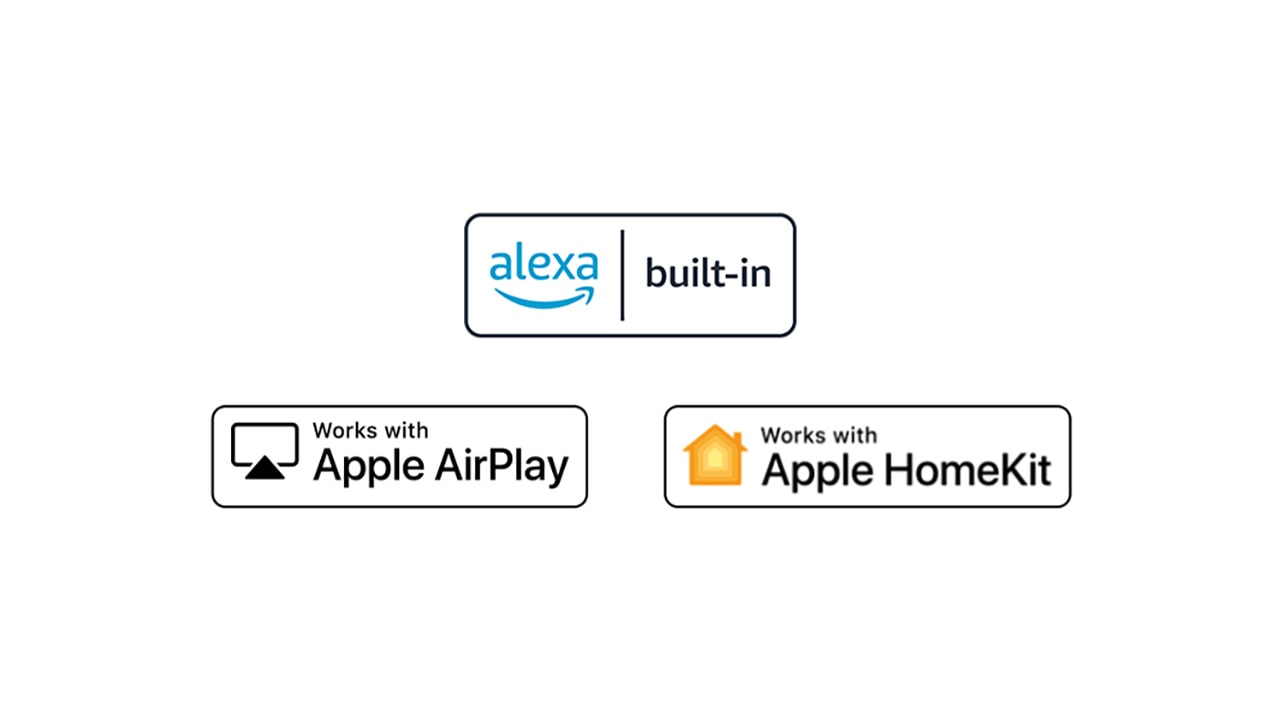 Detalles que muestran logotipos de Alexa, Apple Airplay y Apple HomeKit en los que ThinQ AI es compatible.