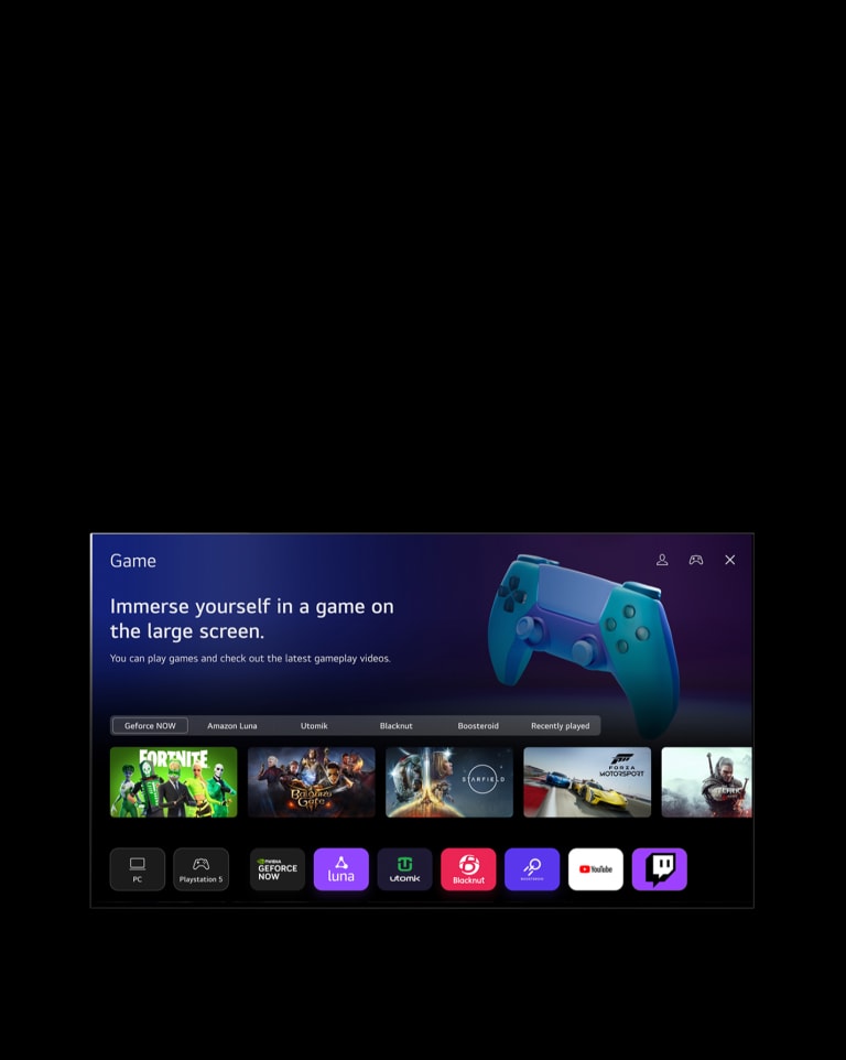 A cursor clicks on Sports and the screen fades into a Sports homepage with the text "Register your favorite team/player for more information about league standing, game schedules or any other updates," and "Popular league list." Five thumbnails are labeled as Soccer, Basketball, Baseball, Cricket, and Ice Hockey. The screen fades back, the cursor clicks on Game, and the screen fades into a Game homepage with the text "Immerse yourself in a game on the large screen. You can play games and check out the latest gameplay videos." The image shows buttons labeled Geforce NOW, Amazon Luna, Utomik, Blacknut, Boosteroid, and Recently played. The following logos are displayed: GeForce Now, Amazon Luna, Utomik, Blacknut, Boosteroid, YouTube, and Twitch.
