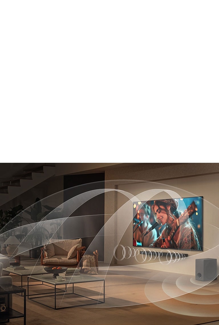 Sala de estar con una LG UHD TV y una LG Soundbar con gráficos que representan cómo ambos dispositivos llenan el espacio con sonido envolvente.