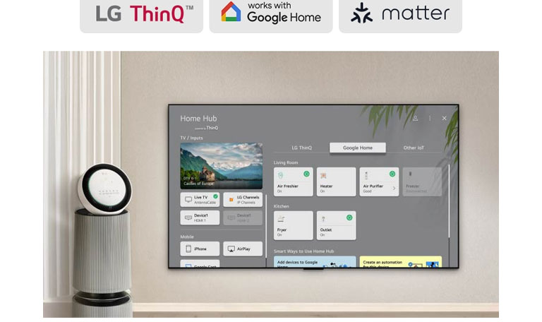 El control remoto de la televisión frente a una pantalla de LG TV con Home Hub. Se muestran todas las funciones y los controles respecto a otros dispositivos inteligentes. 