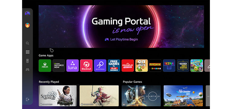 Pantalla principal del portal de juegos. El cursor se mueve y hace clic para mostrar muchos juegos populares, así como la función adicional de poder seleccionar juegos según el tipo de control que tengas, ya sea un mando de juegos o el control remoto. 