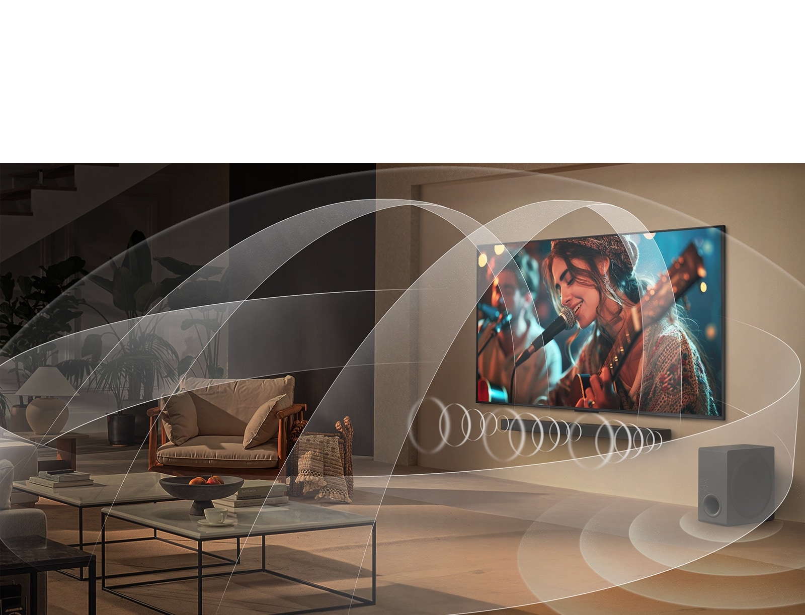Sala de estar con una LG NanoCell TV y una LG Soundbar con gráficos que representan cómo ambos dispositivos llenan el espacio con sonido envolvente.