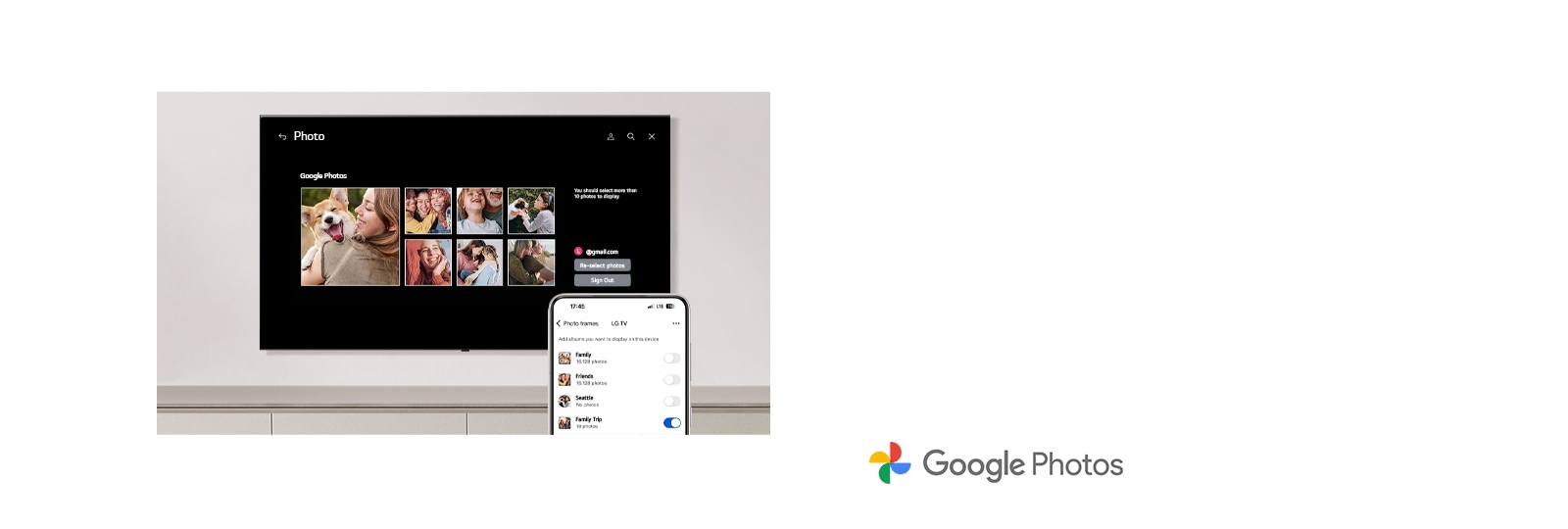 Una LG TV wall-mounted con un teléfono celular en primer plano. Se muestra el proceso de configuración de Google Fotos en la LG TV. 