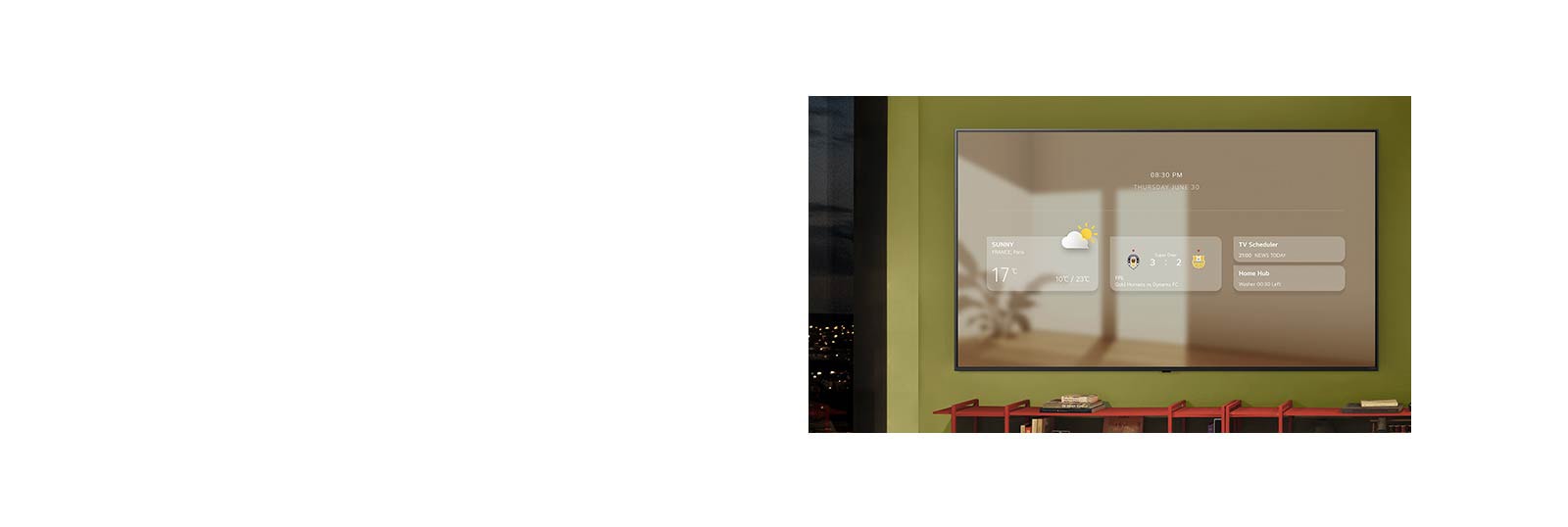El panel informativo se muestra en una LG TV wall-mounted. Se muestran diferentes funcionalidades, desde actualizaciones meteorológicas, alertas deportivas, programador de televisión, Home Hub y Google Calendar.