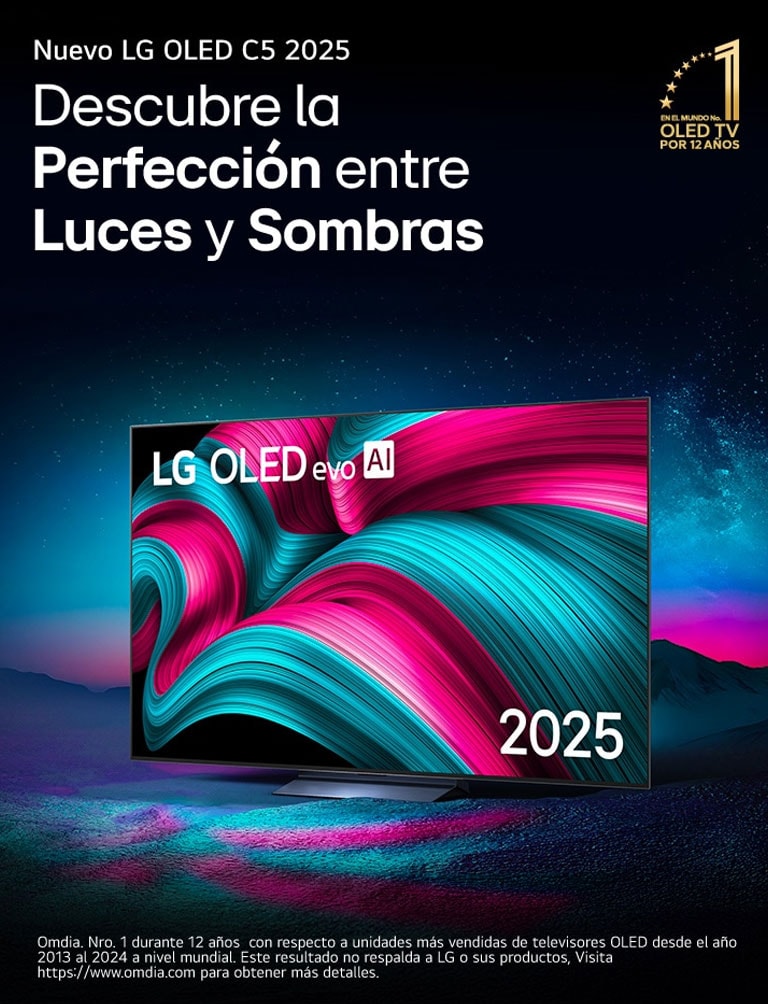 En la pantalla de una TV LG OLED evo con IA aparece una imagen abstracta con detalles, colores y un contraste impactantes. Detrás de la TV, se muestra una versión ampliada del procesador alpha 9 AI Gen8. Brilla con una luz que ilumina los circuitos de microchips a su alrededor. El título dice LG OLED evo AI. También puede verse el texto: Con la tecnología del procesador LG alpha 9 AI Gen8. En la esquina aparece un logotipo dorado con estrellas que dice: OLED TV número uno del mundo durante 12 años. 